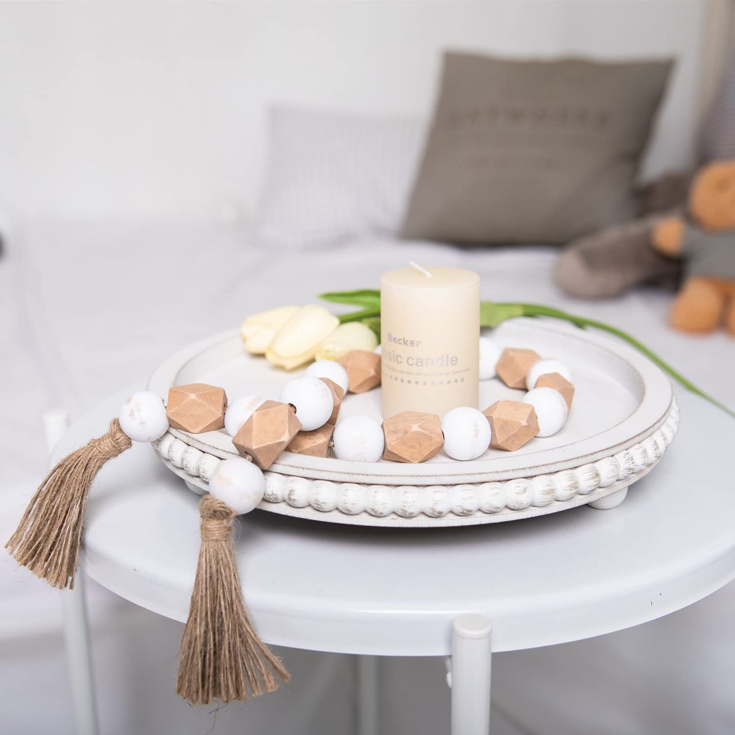 HPC Decor Round White Wood Tray, 12"