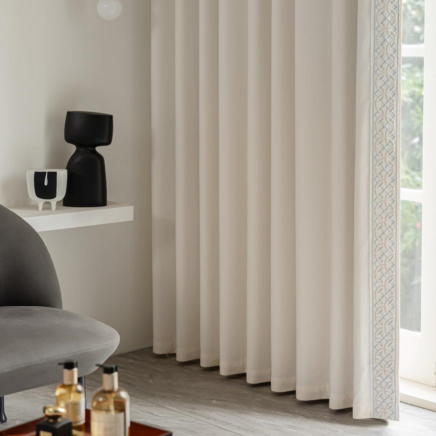 Pinch Pleat Curtains, with Geometric Trim Design