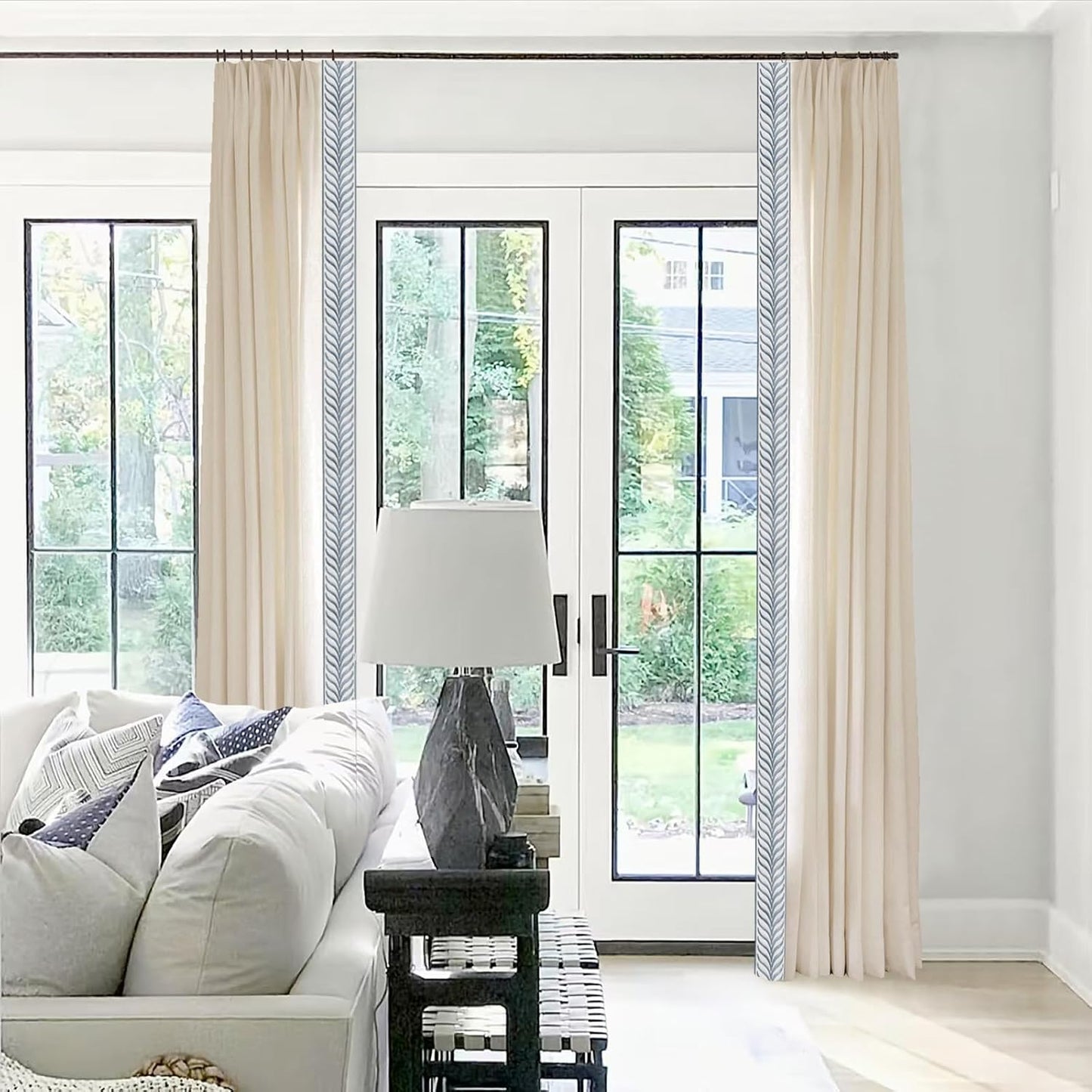 Pinch Pleat Linen Window Curtains with Blue Embroidery