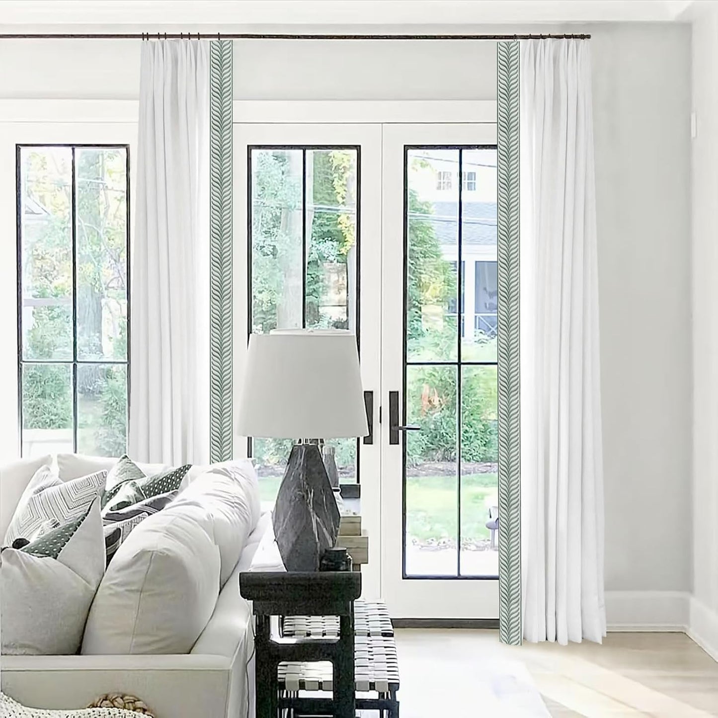 Pinch Pleat Linen Window Curtains with Blue Embroidery