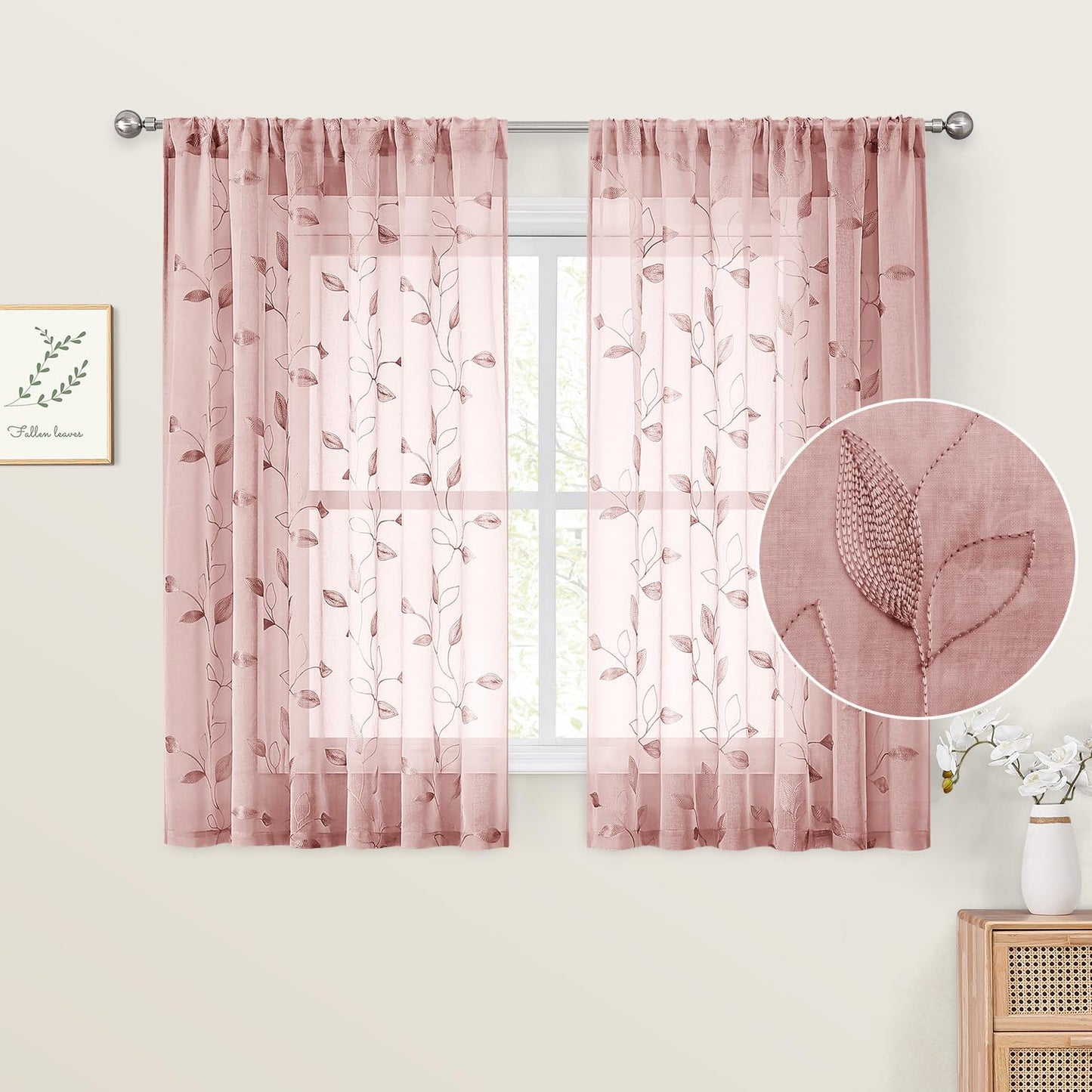 HOMEIDEAS Sheer Curtains 52x63" Green, 2 Panels