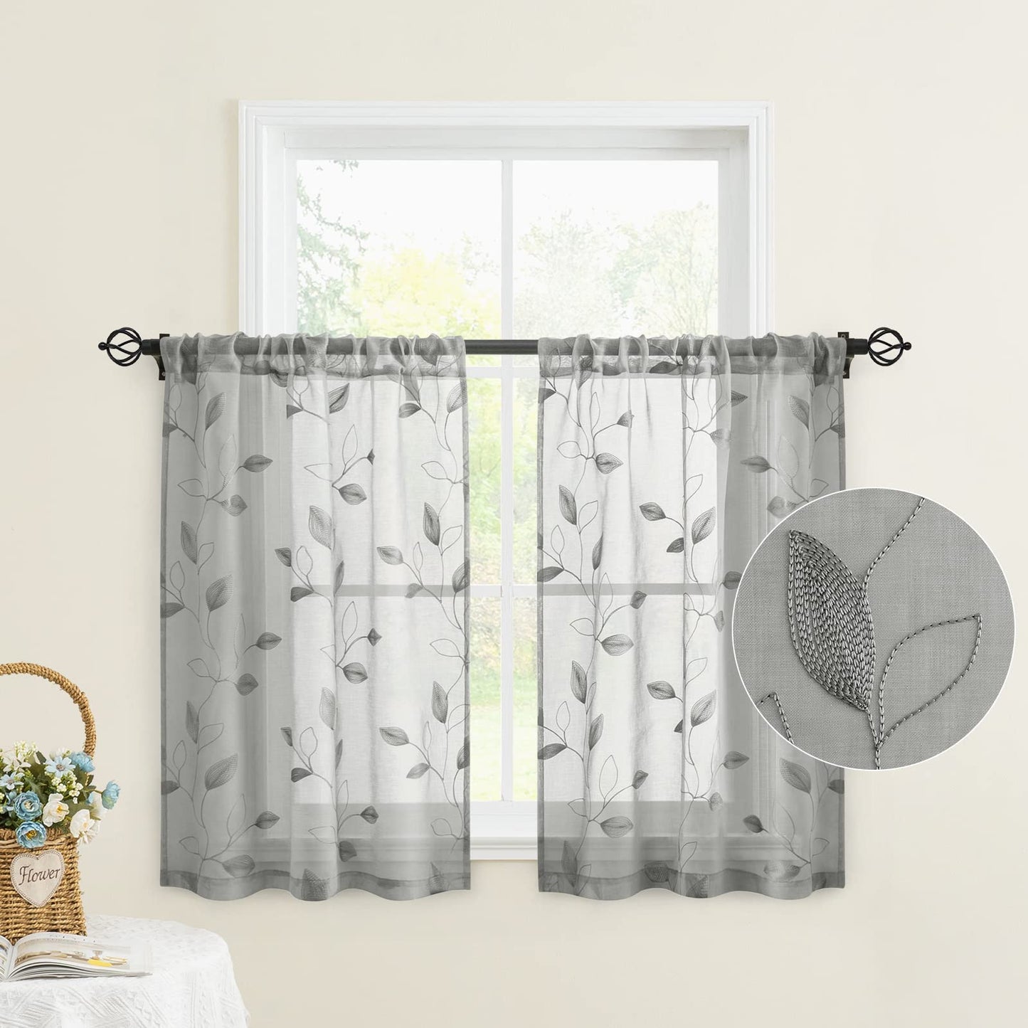 HOMEIDEAS Sheer Curtains 52x63" Green, 2 Panels