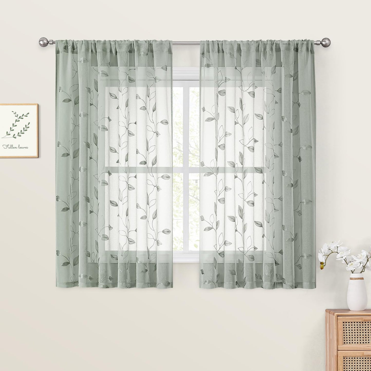 HOMEIDEAS Sheer Curtains 52x63" Green, 2 Panels