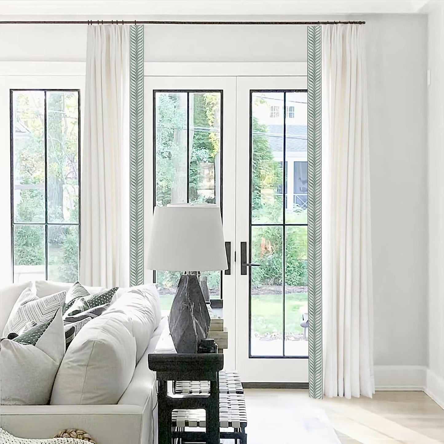 Pinch Pleat Linen Window Curtains with Blue Embroidery