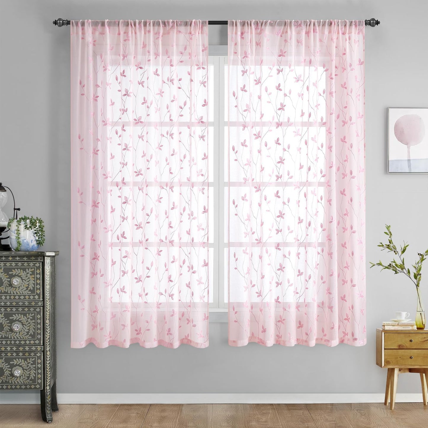 HOMEIDEAS Sheer Curtains 52x63" Green, 2 Panels