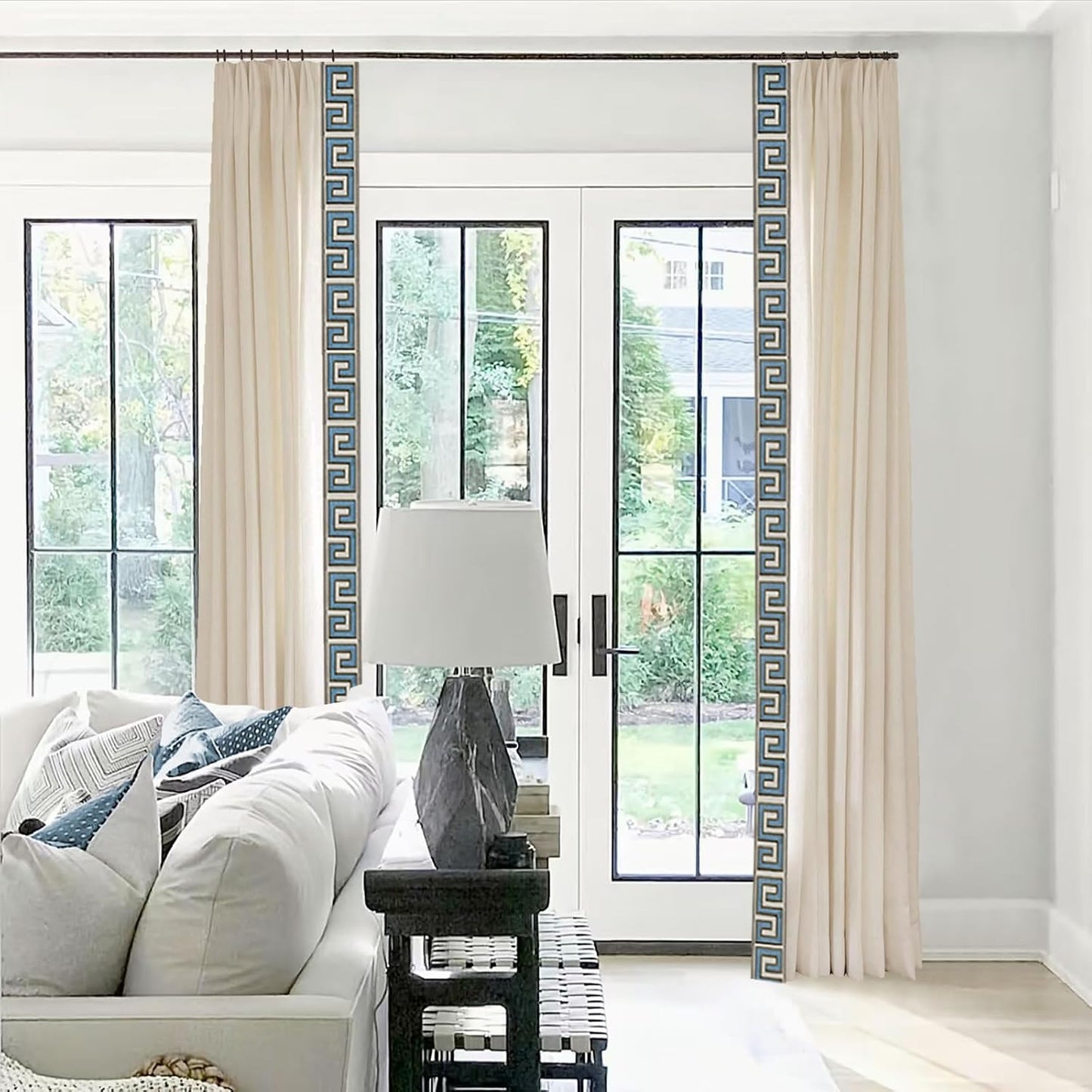 Pinch Pleat Linen Window Curtains with Blue Embroidery
