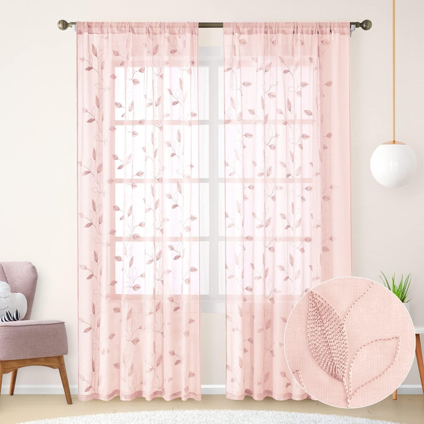 HOMEIDEAS Sheer Curtains 52x63" Green, 2 Panels