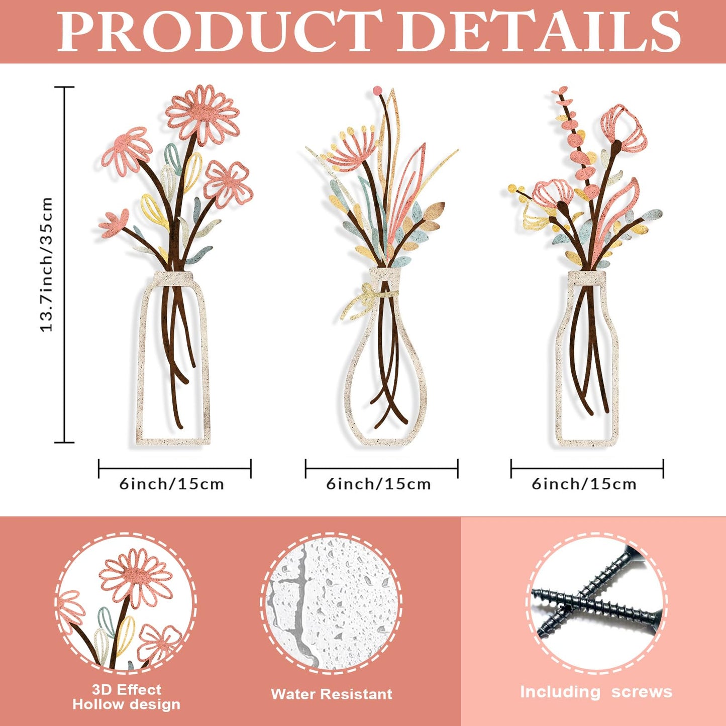 Pigort Metal Flower Wall Art, Beige, 3pcs