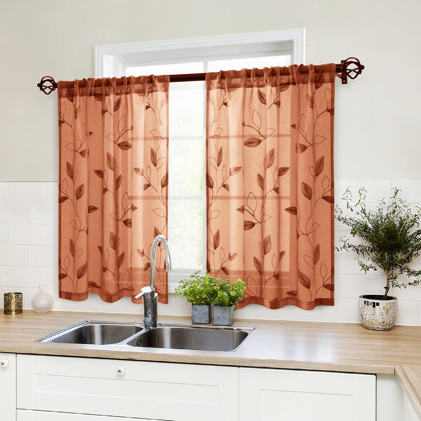 HOMEIDEAS Sheer Curtains 52x63" Green, 2 Panels