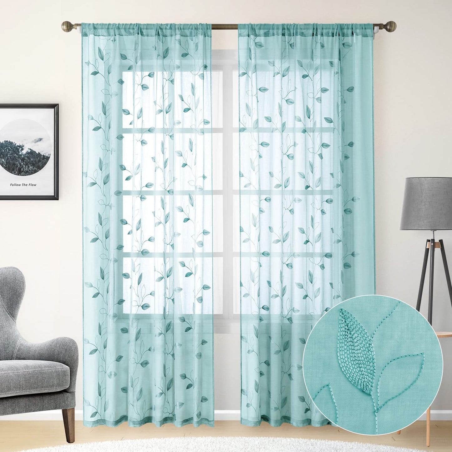 HOMEIDEAS Sheer Curtains 52x63" Green, 2 Panels