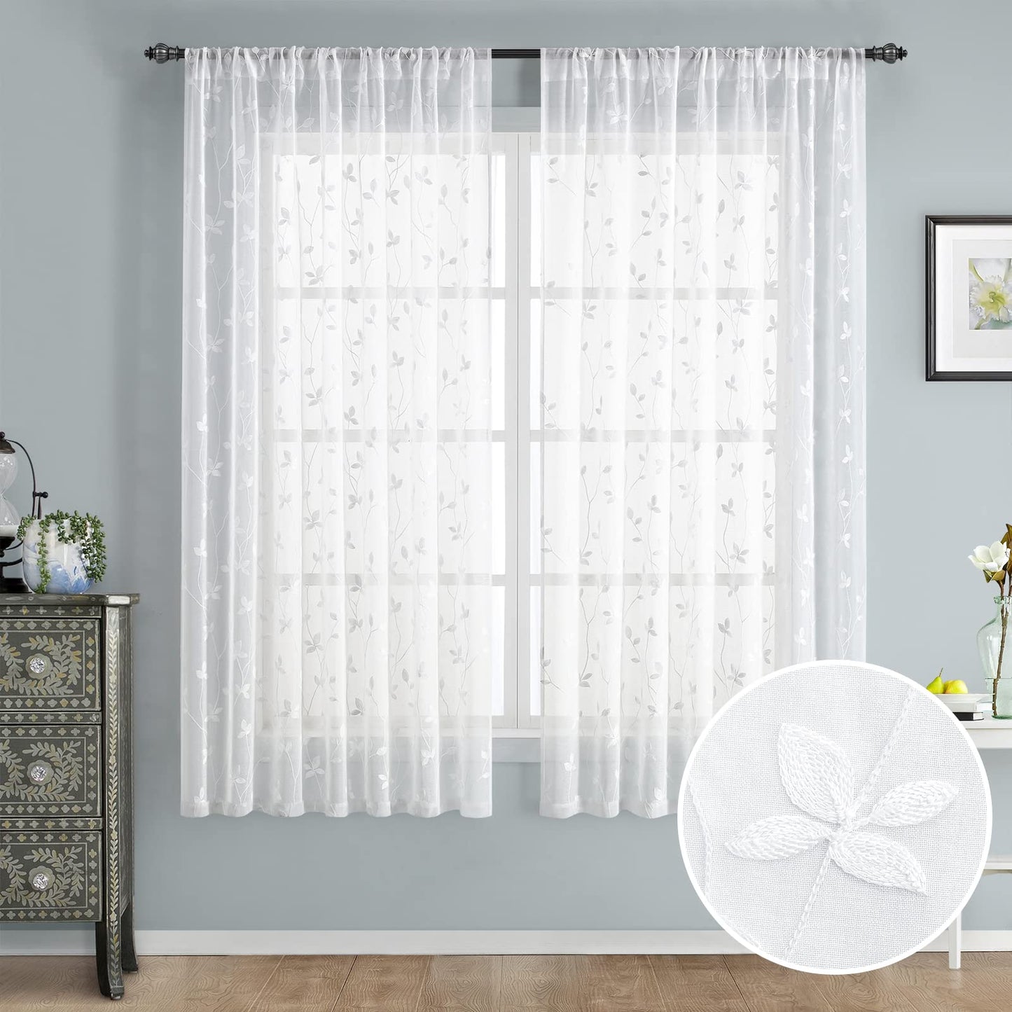HOMEIDEAS Sheer Curtains 52x63" Green, 2 Panels