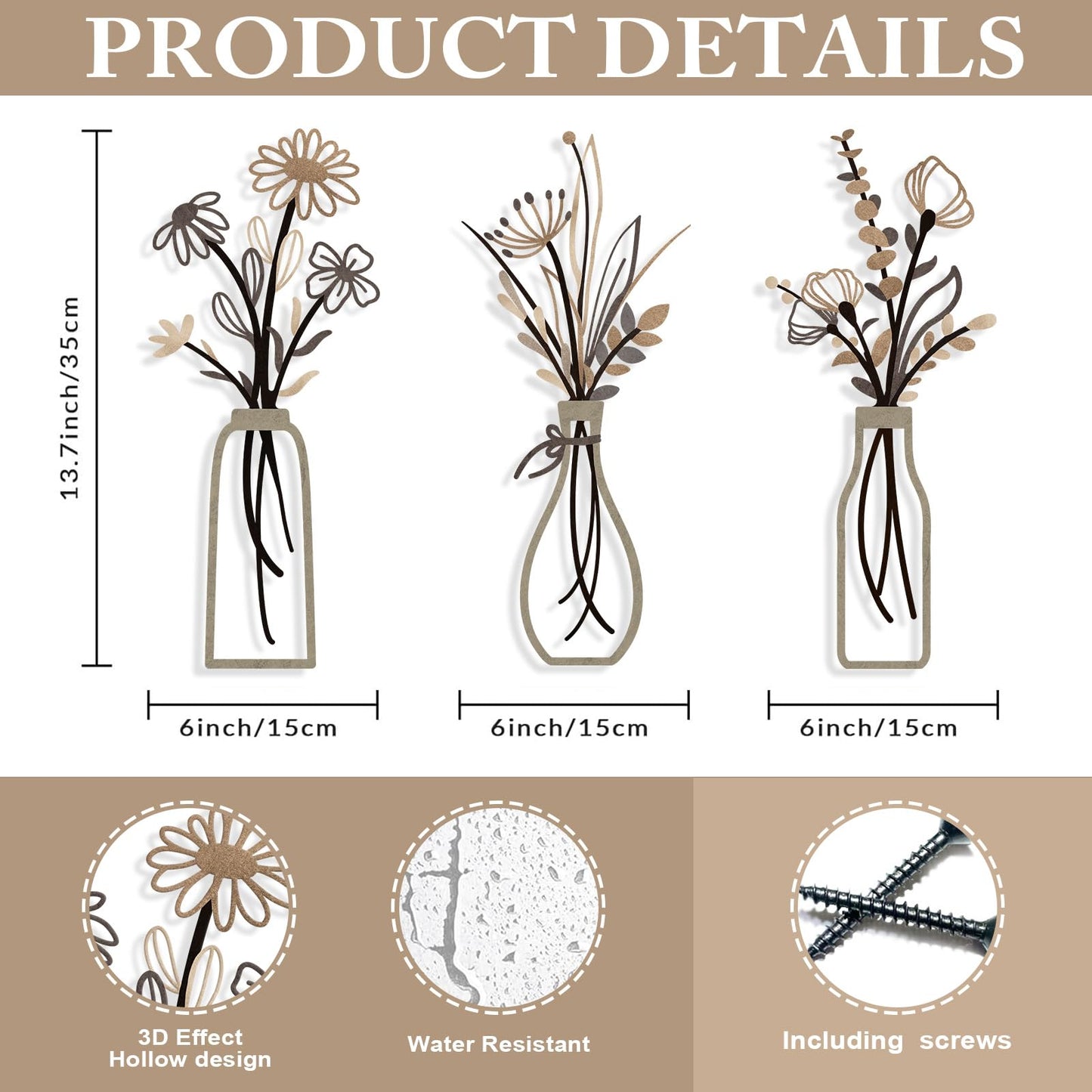Pigort Metal Flower Wall Art, Beige, 3pcs