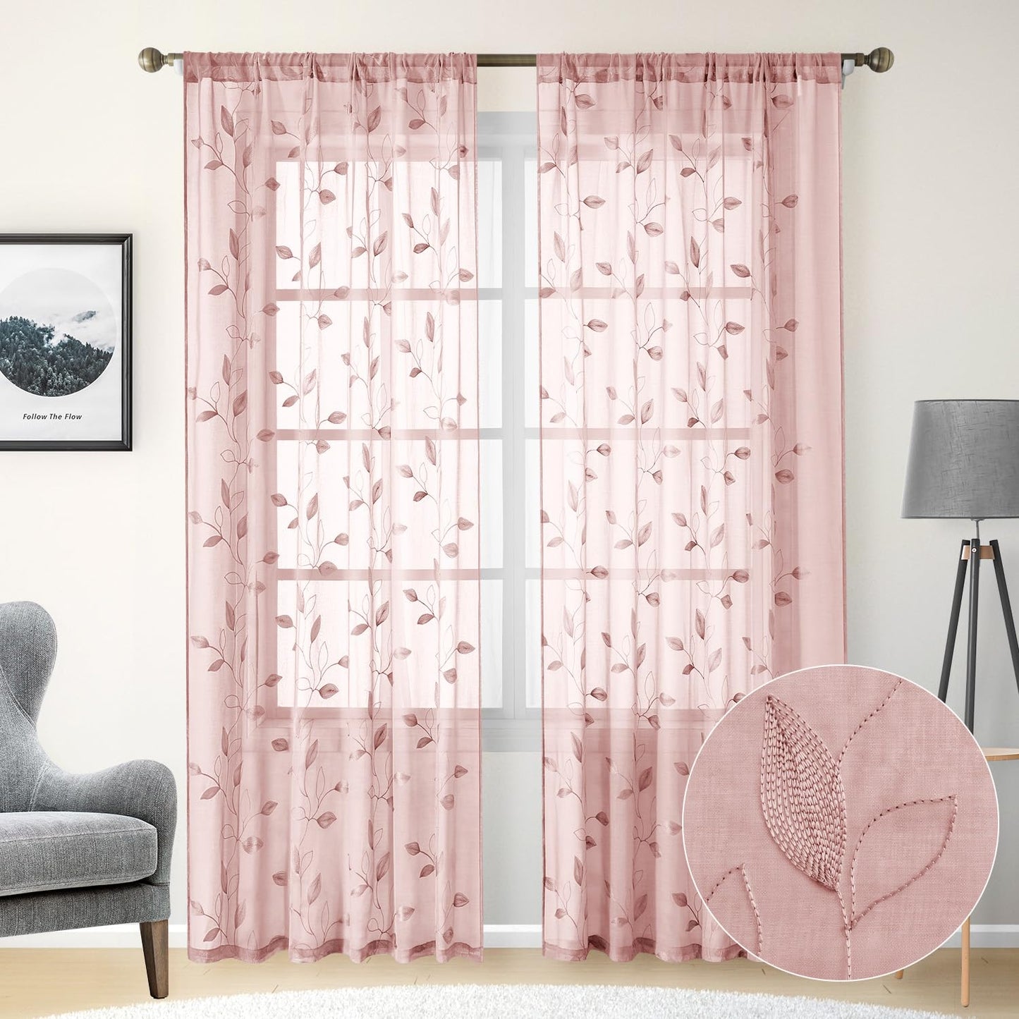 HOMEIDEAS Sheer Curtains 52x63" Green, 2 Panels