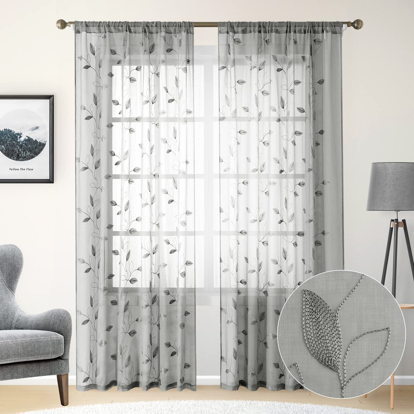 HOMEIDEAS Sheer Curtains 52x63" Green, 2 Panels