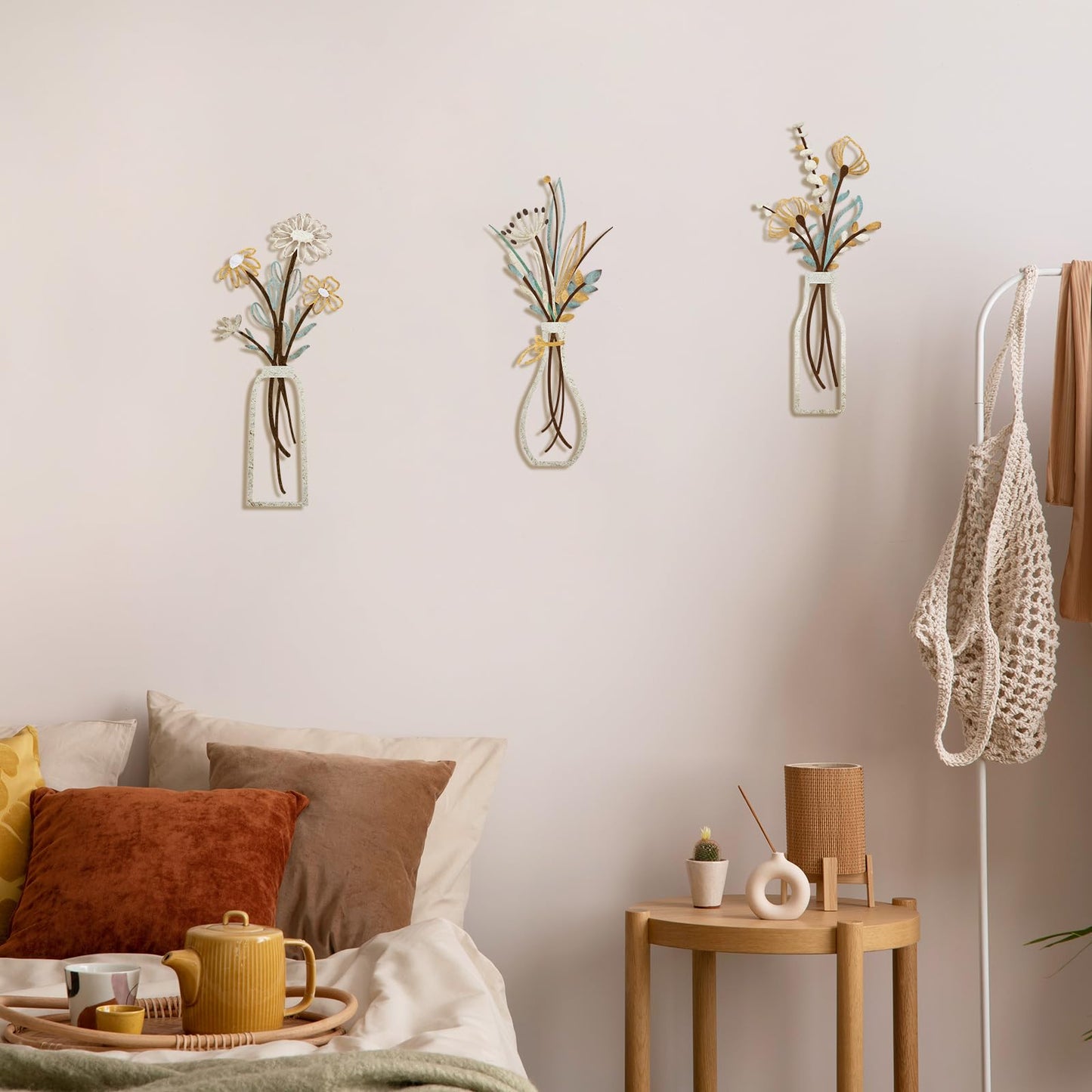 Pigort Metal Flower Wall Art, Beige, 3pcs