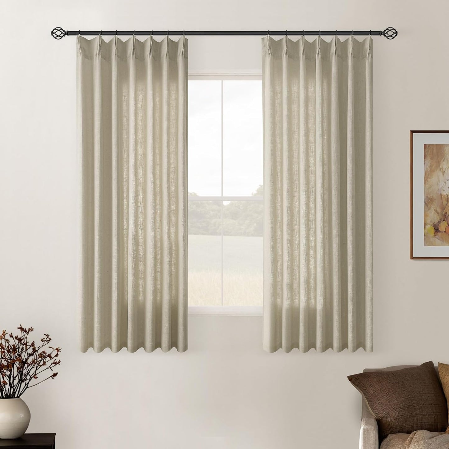 Pinch Pleated Linen Curtains 108" Beige, 2 Panels