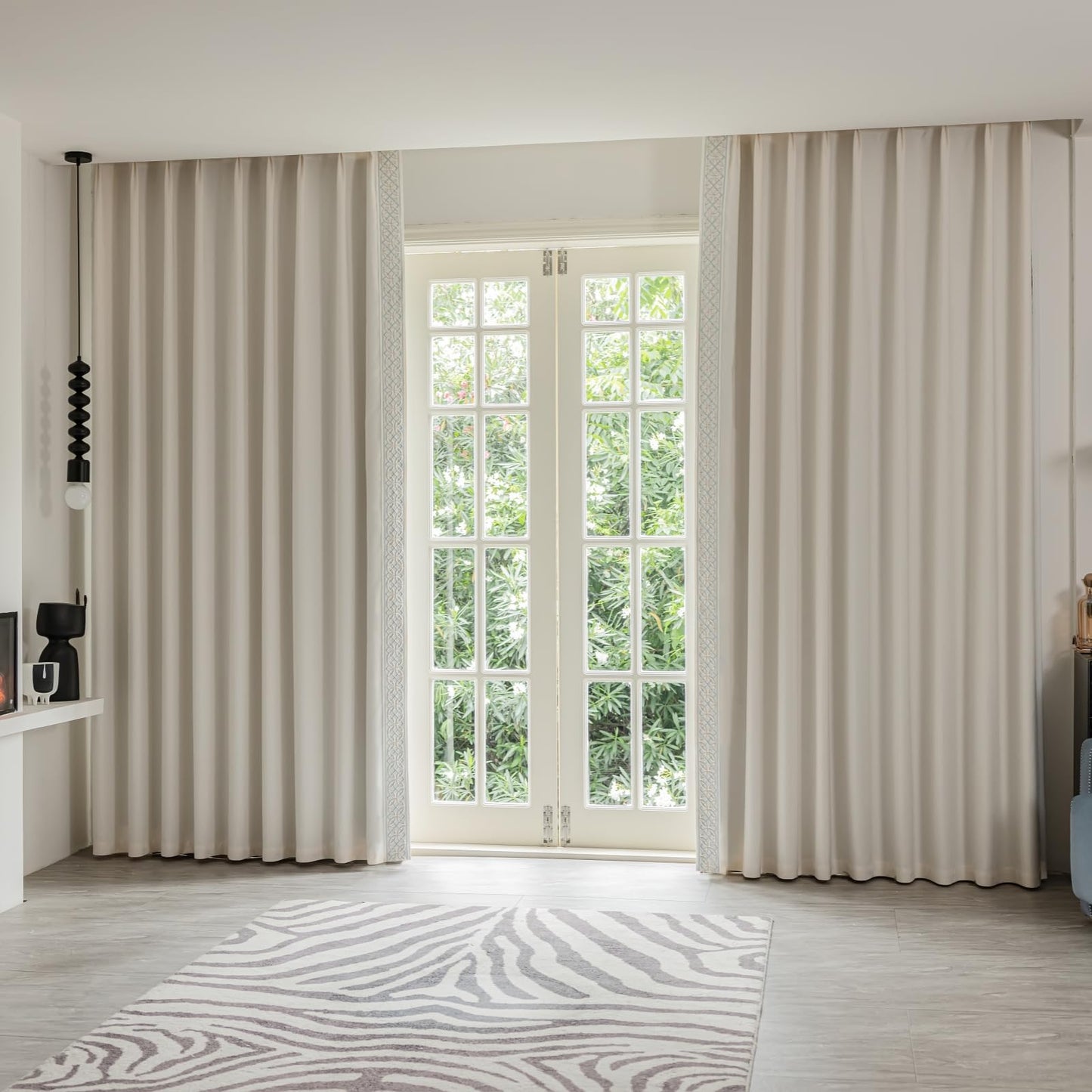 Pinch Pleat Curtains, with Geometric Trim Design