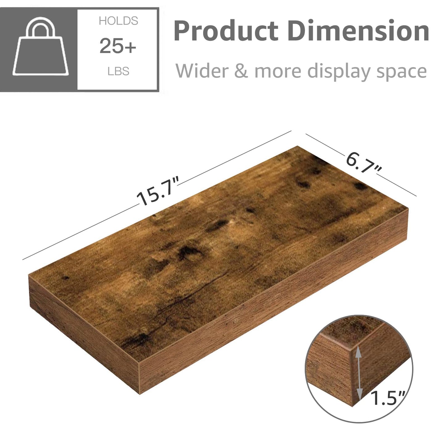 QEEIG Floating Shelves, 3pcs, Rustic Brown