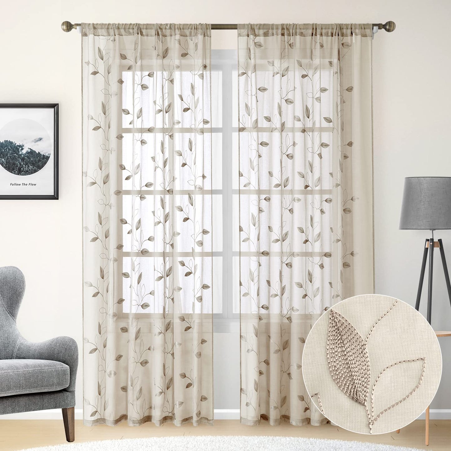 HOMEIDEAS Sheer Curtains 52x63" Green, 2 Panels