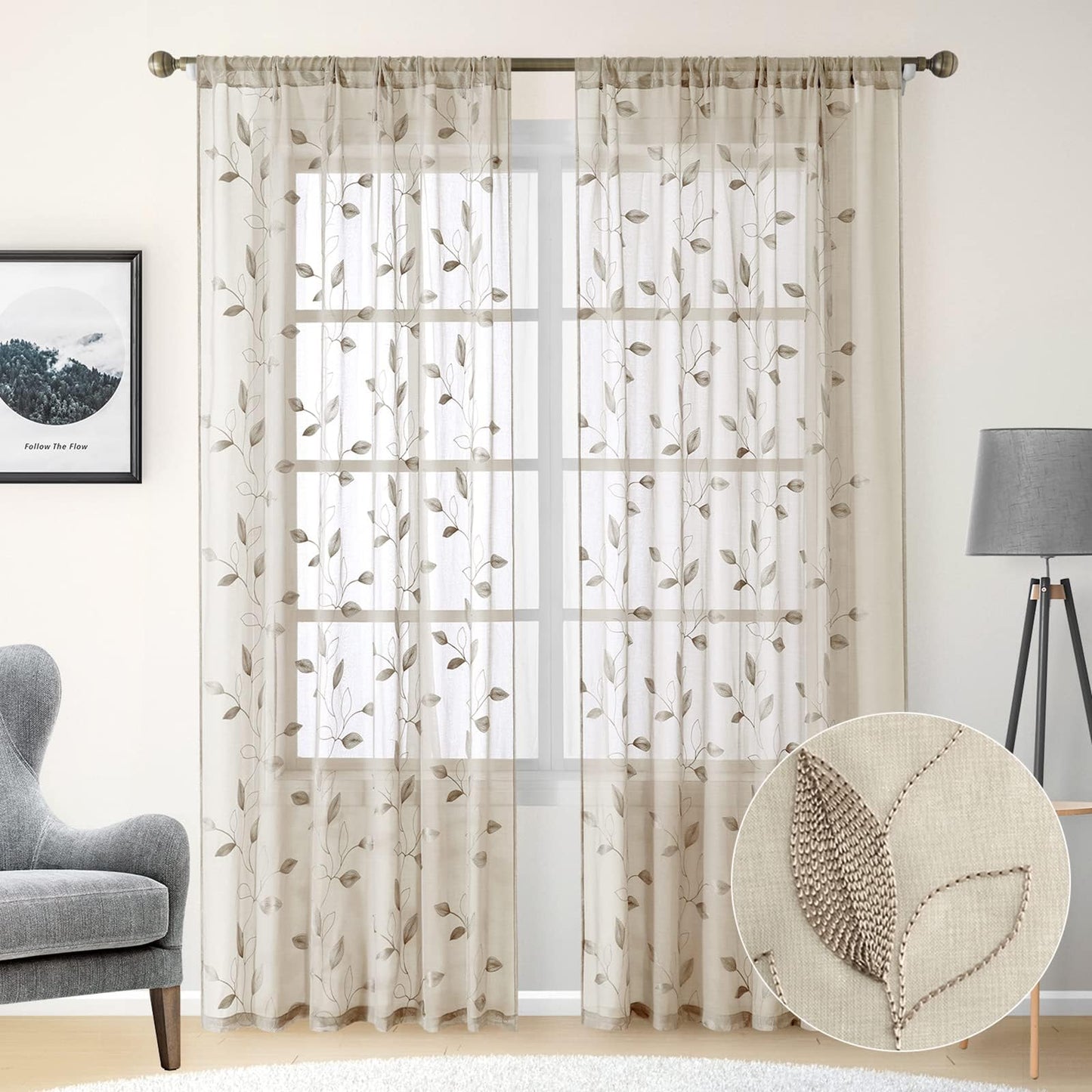 HOMEIDEAS Sheer Curtains 52x63" Green, 2 Panels