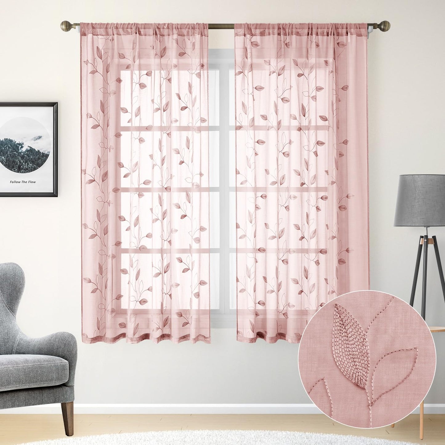 HOMEIDEAS Sheer Curtains 52x63" Green, 2 Panels
