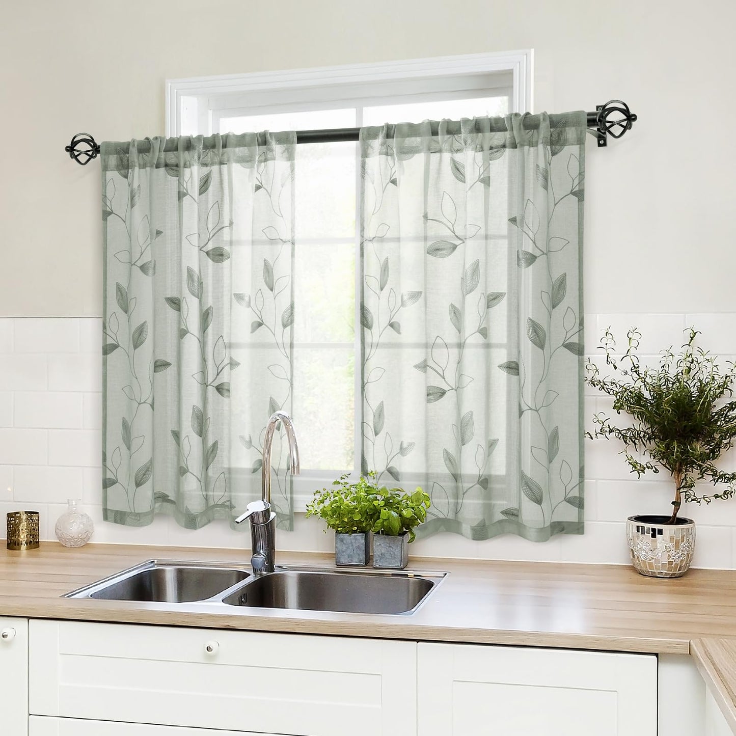 HOMEIDEAS Sheer Curtains 52x63" Green, 2 Panels