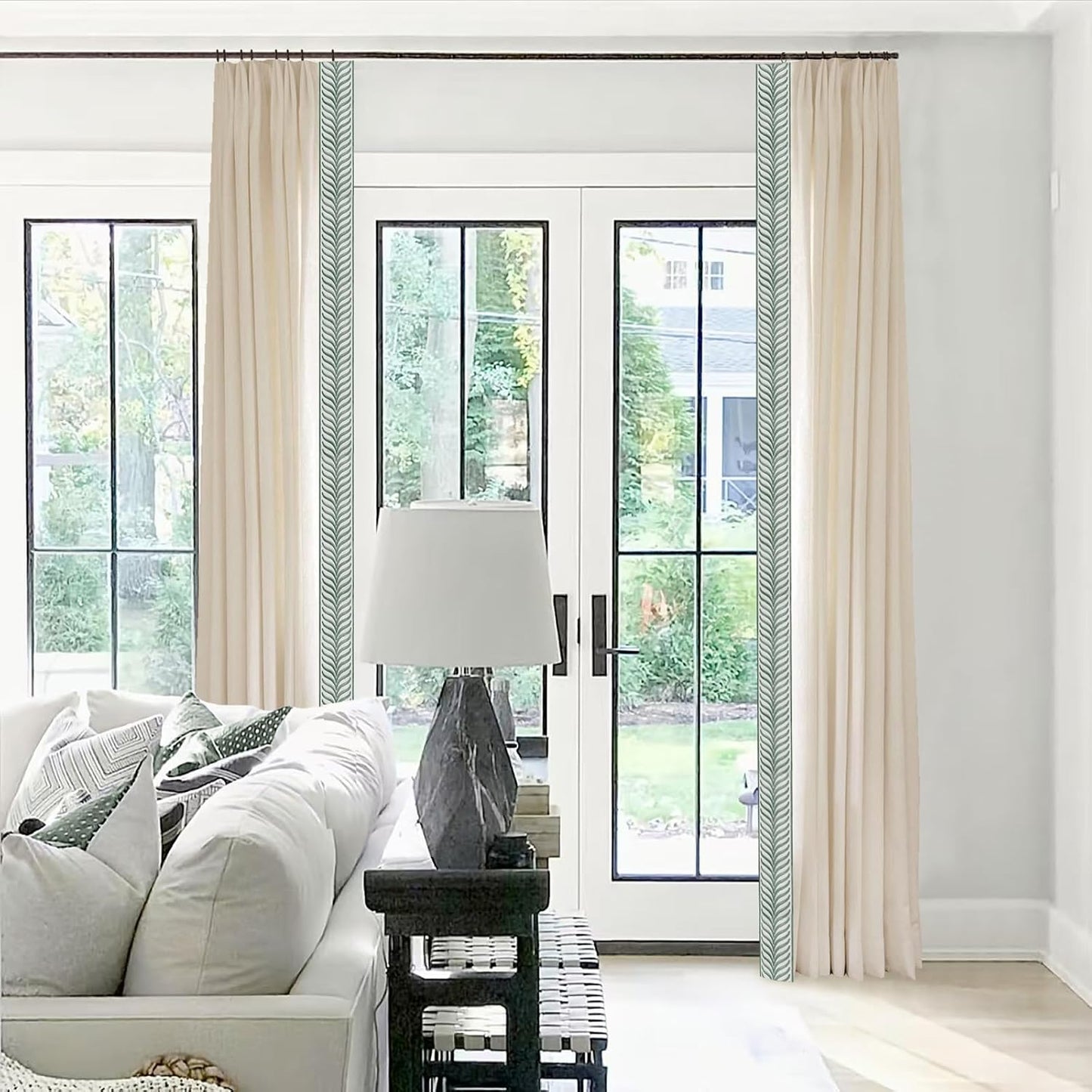 Pinch Pleat Linen Window Curtains with Blue Embroidery