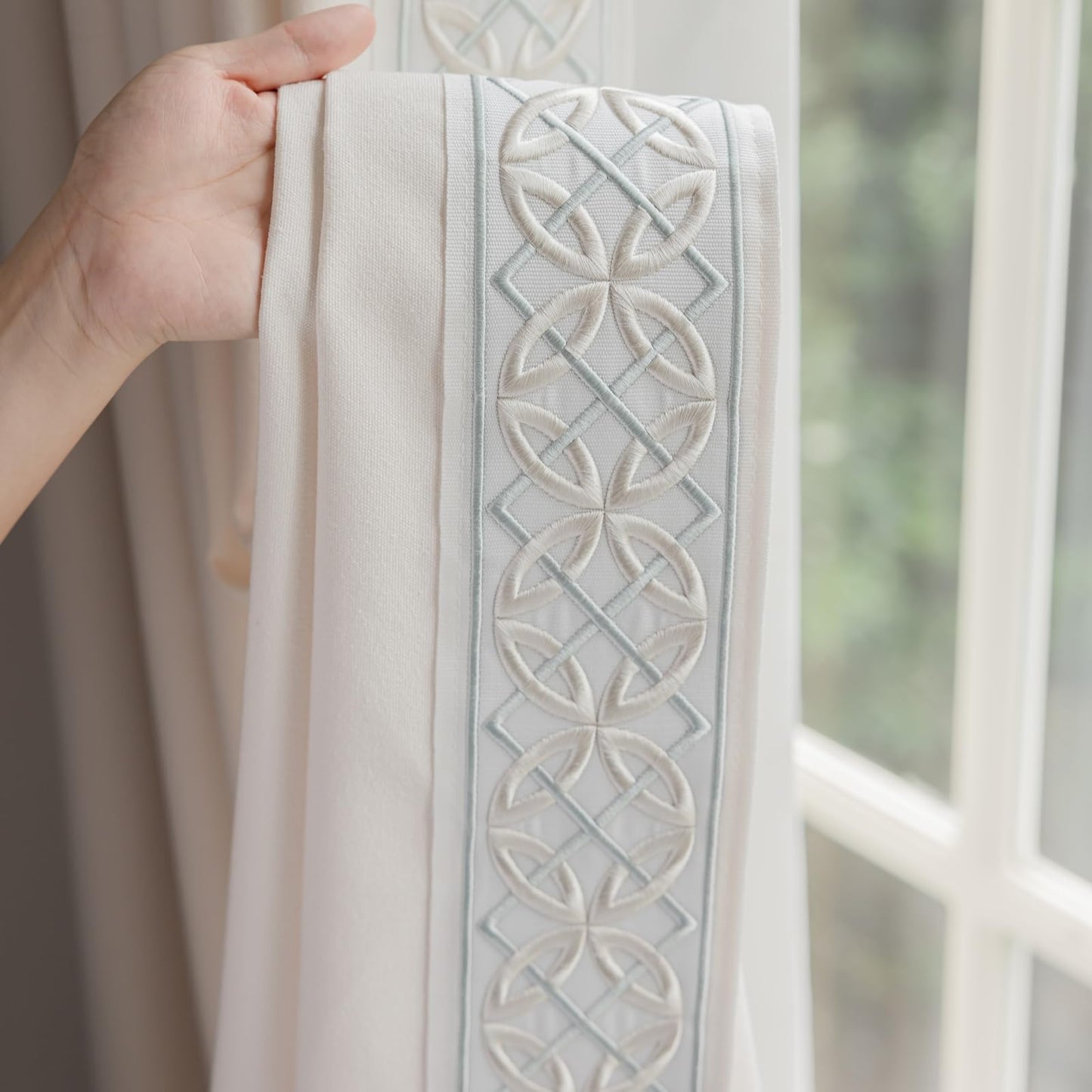 Pinch Pleat Curtains, with Geometric Trim Design