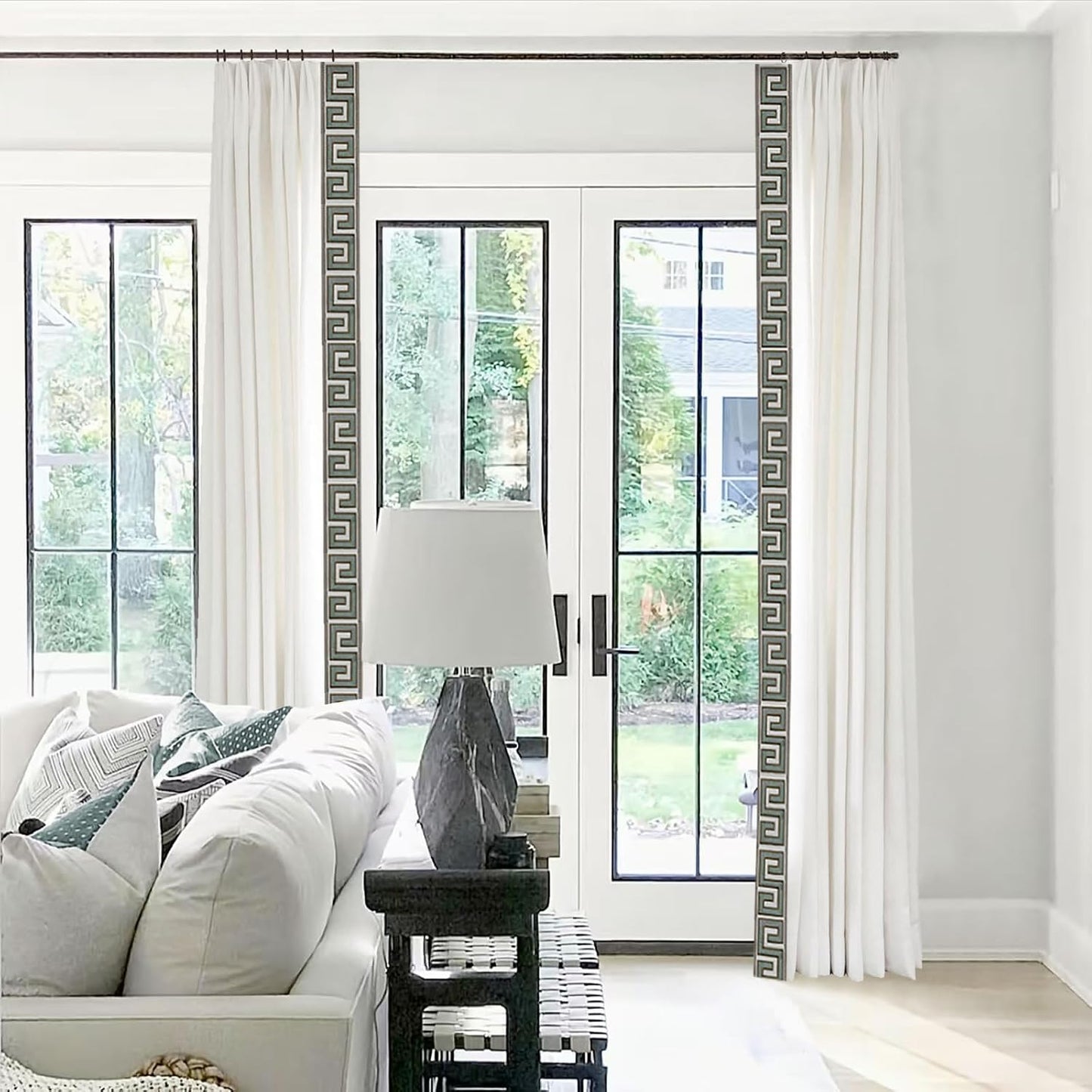 Pinch Pleat Linen Window Curtains with Blue Embroidery