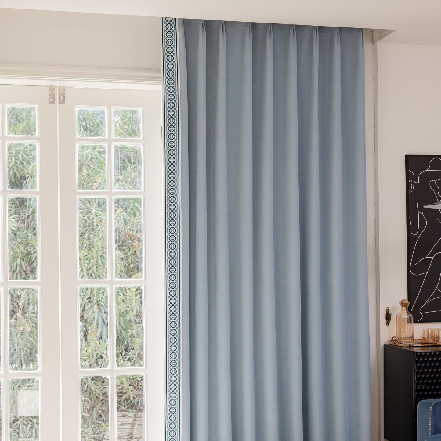 Pinch Pleat Curtains, with Geometric Trim Design