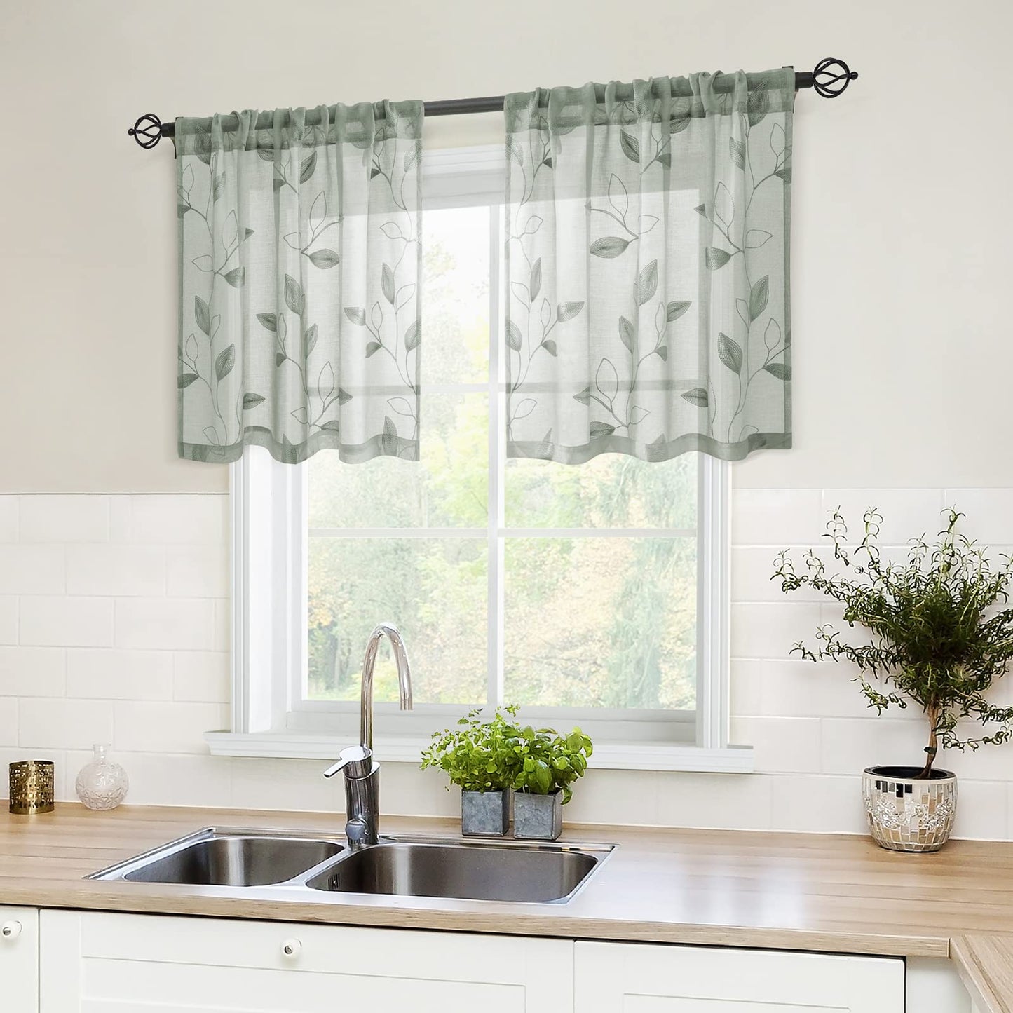 HOMEIDEAS Sheer Curtains 52x63" Green, 2 Panels