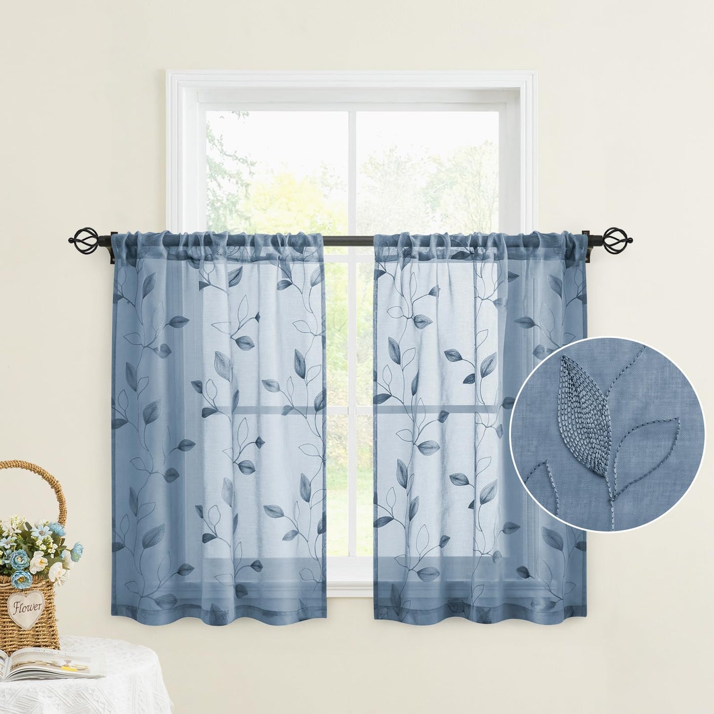 HOMEIDEAS Sheer Curtains 52x63" Green, 2 Panels