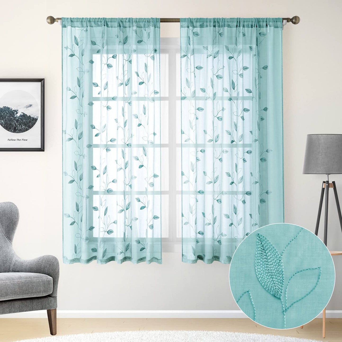 HOMEIDEAS Sheer Curtains 52x63" Green, 2 Panels
