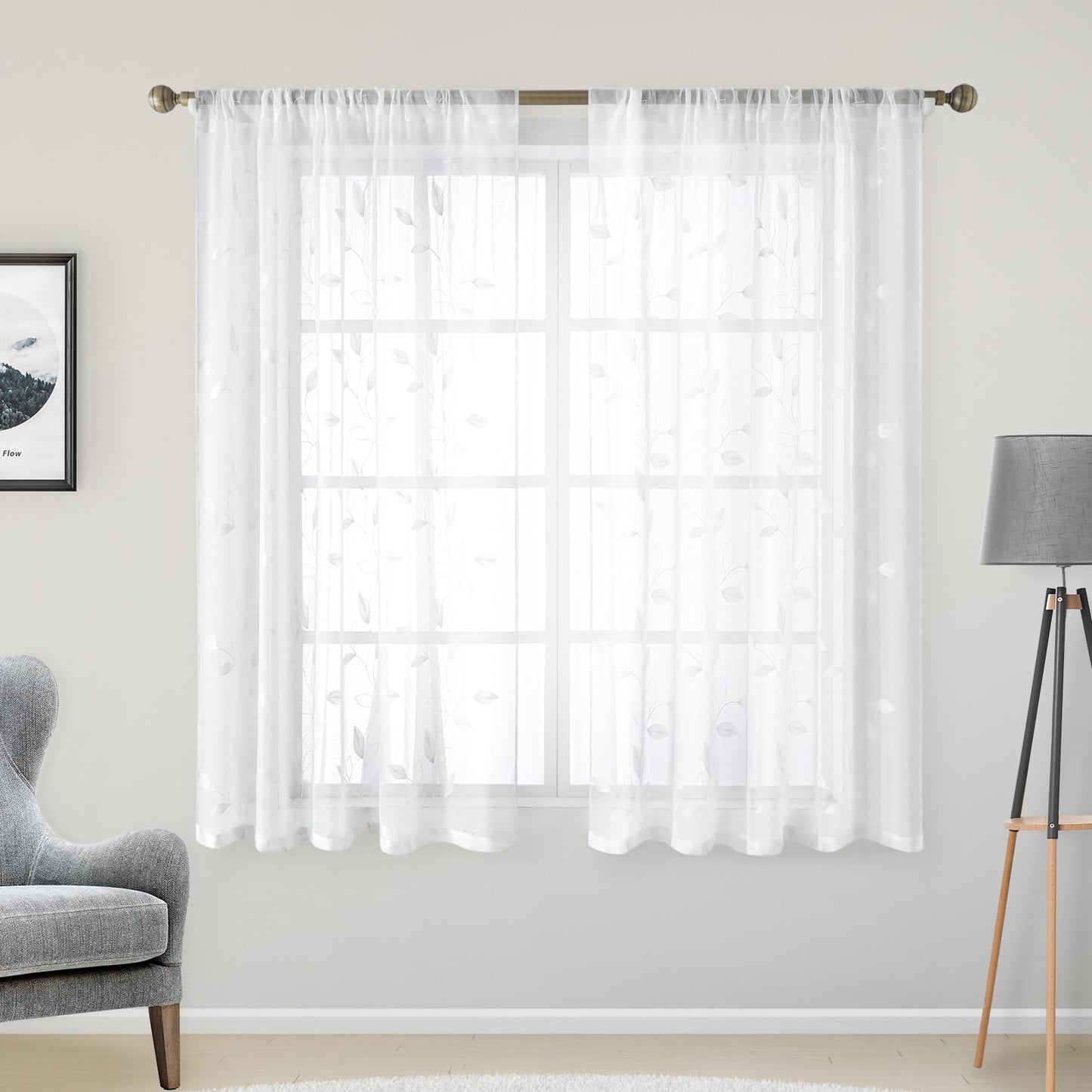 HOMEIDEAS Sheer Curtains 52x63" Green, 2 Panels