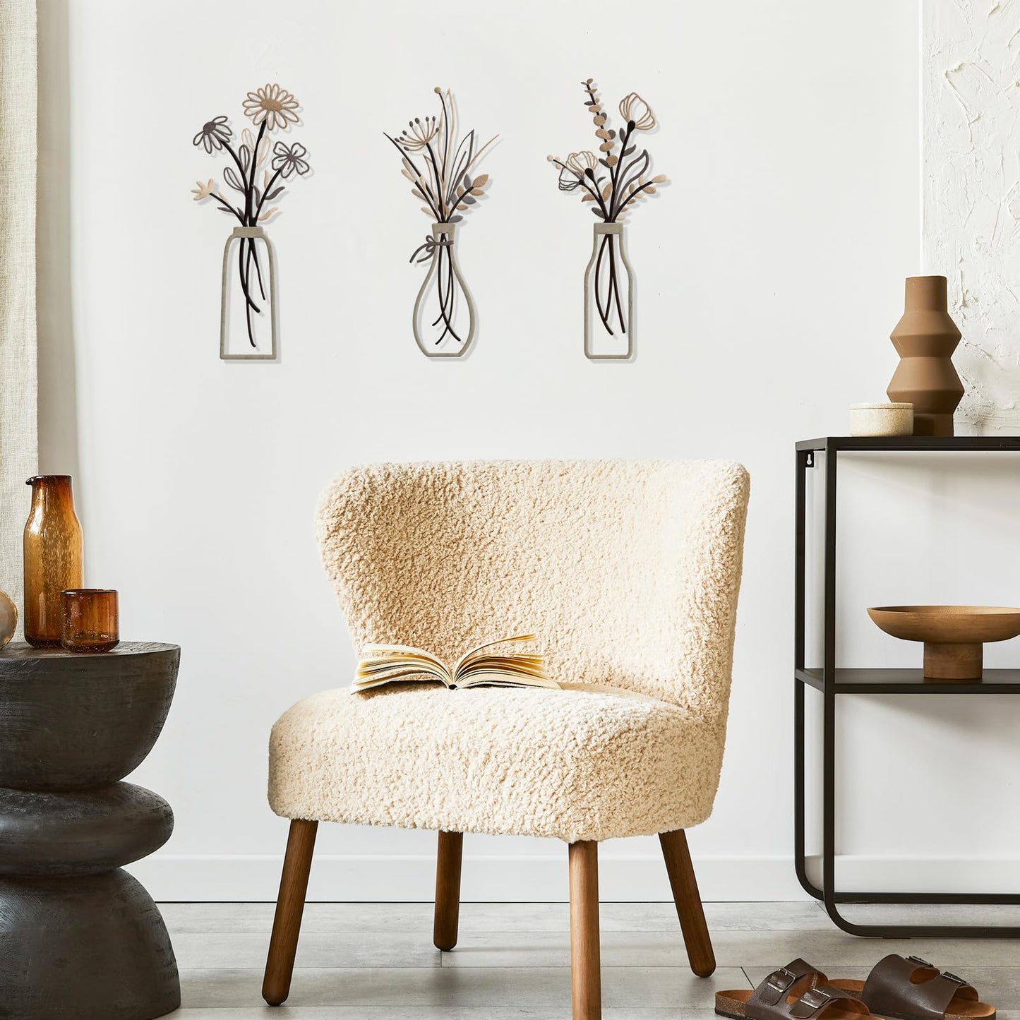 Pigort Metal Flower Wall Art, Beige, 3pcs