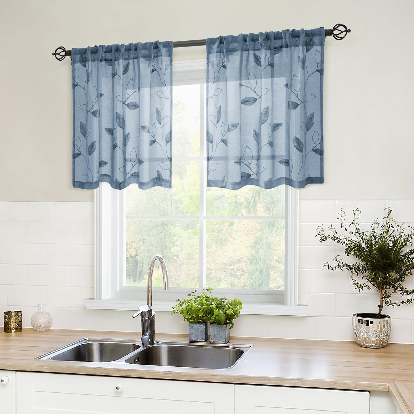 HOMEIDEAS Sheer Curtains 52x63" Green, 2 Panels