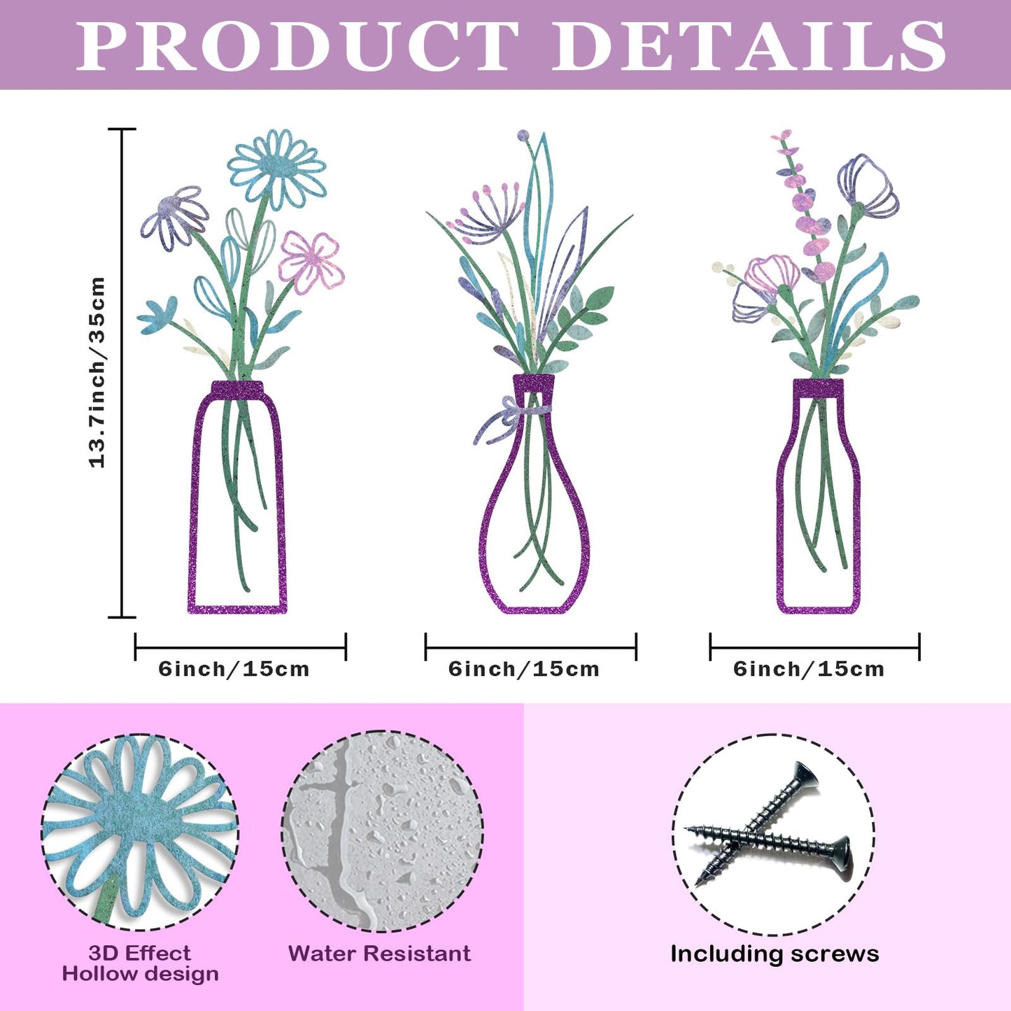 Pigort Metal Flower Wall Art, Beige, 3pcs