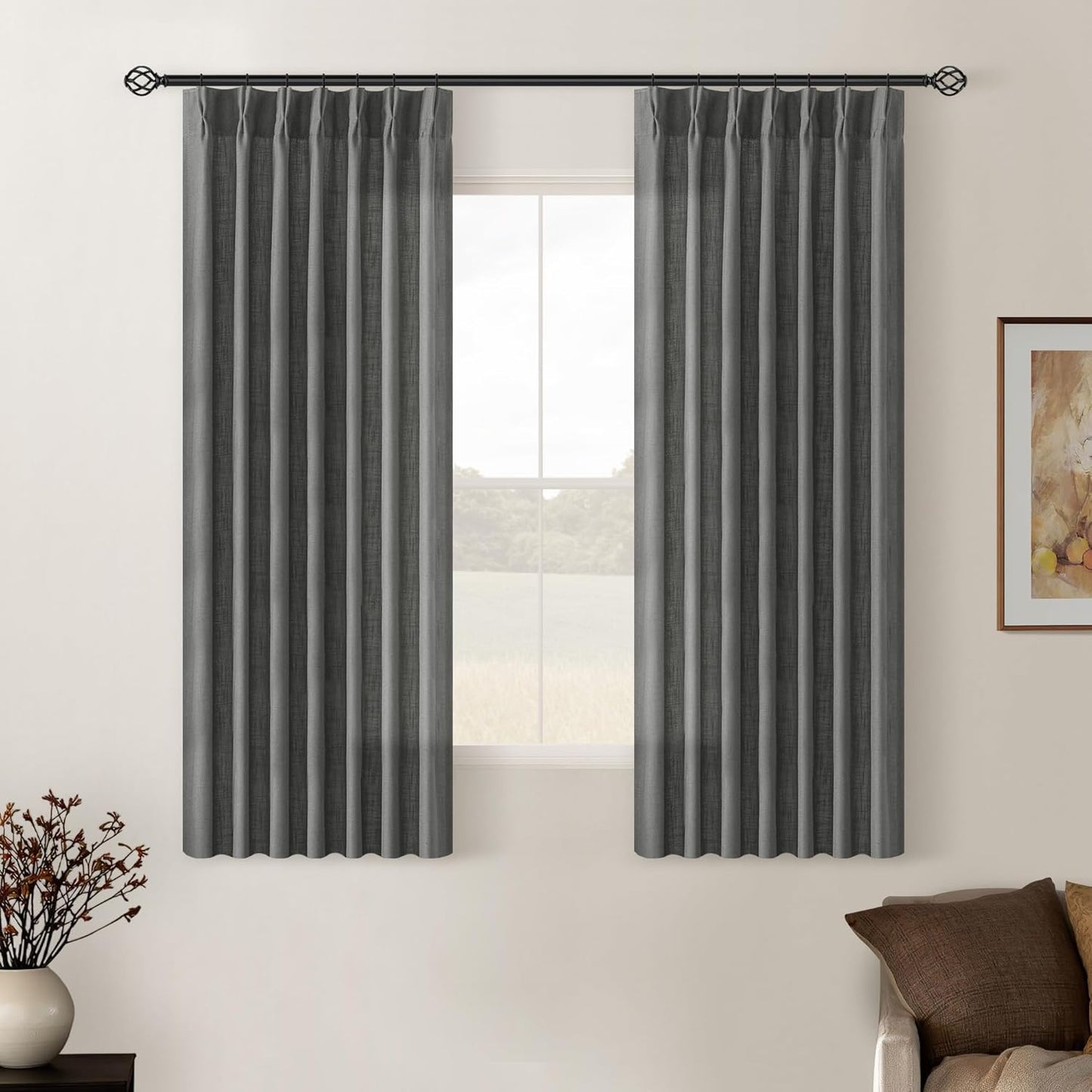 Pinch Pleated Linen Curtains 108" Beige, 2 Panels