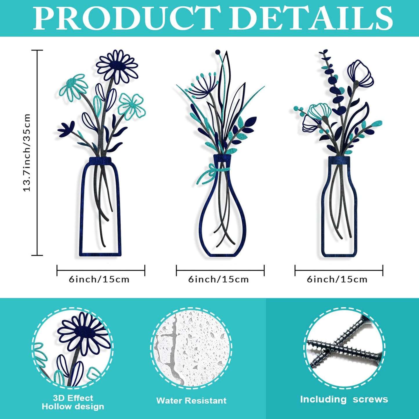 Pigort Metal Flower Wall Art, Beige, 3pcs