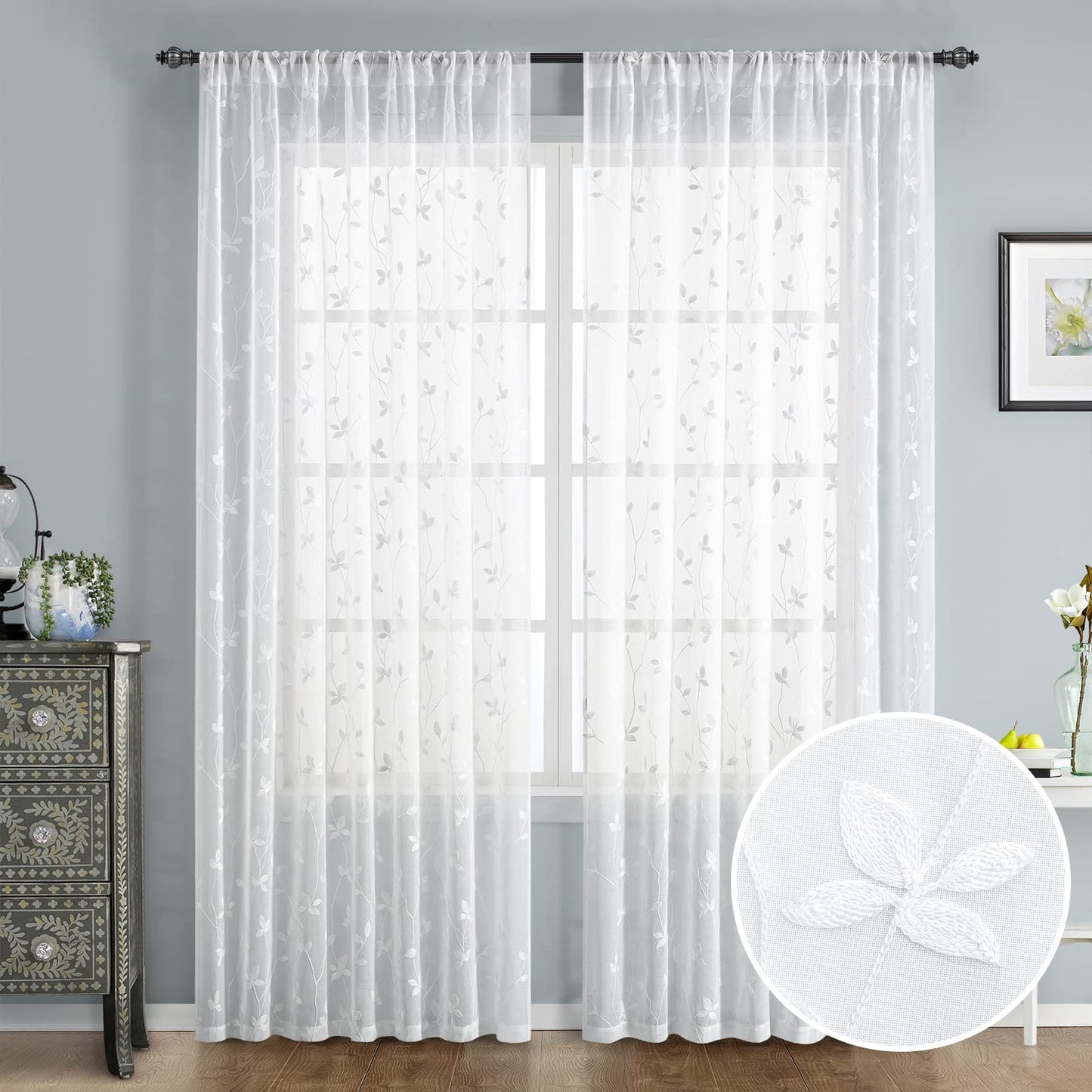 HOMEIDEAS Sheer Curtains 52x63" Green, 2 Panels