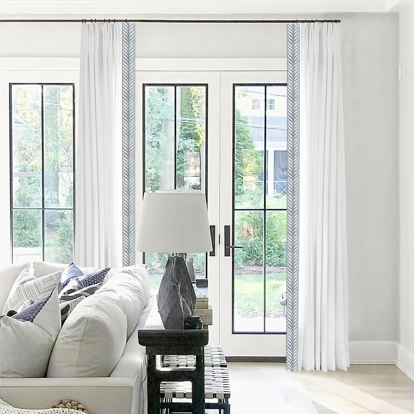 Pinch Pleat Linen Window Curtains with Blue Embroidery