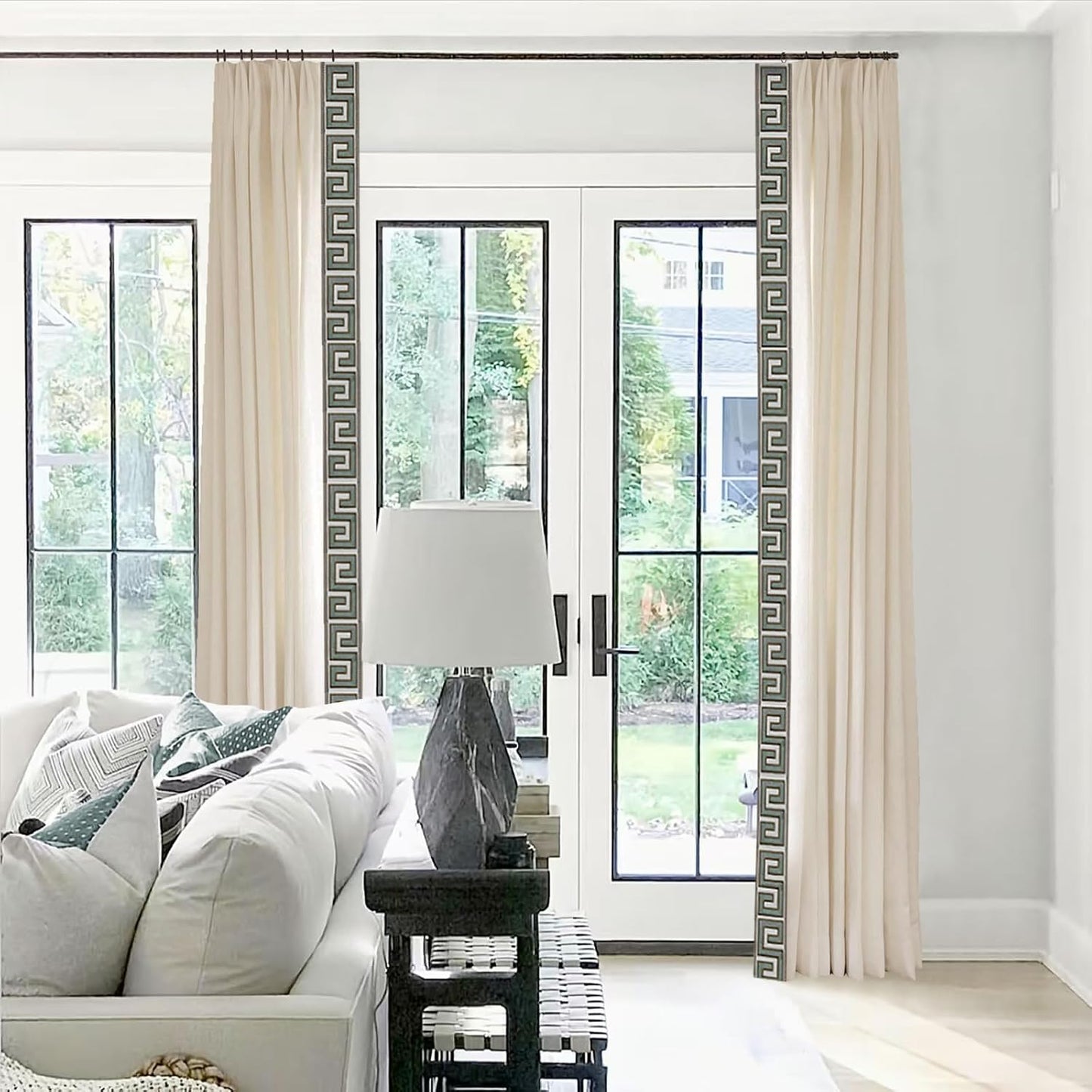 Pinch Pleat Linen Window Curtains with Blue Embroidery