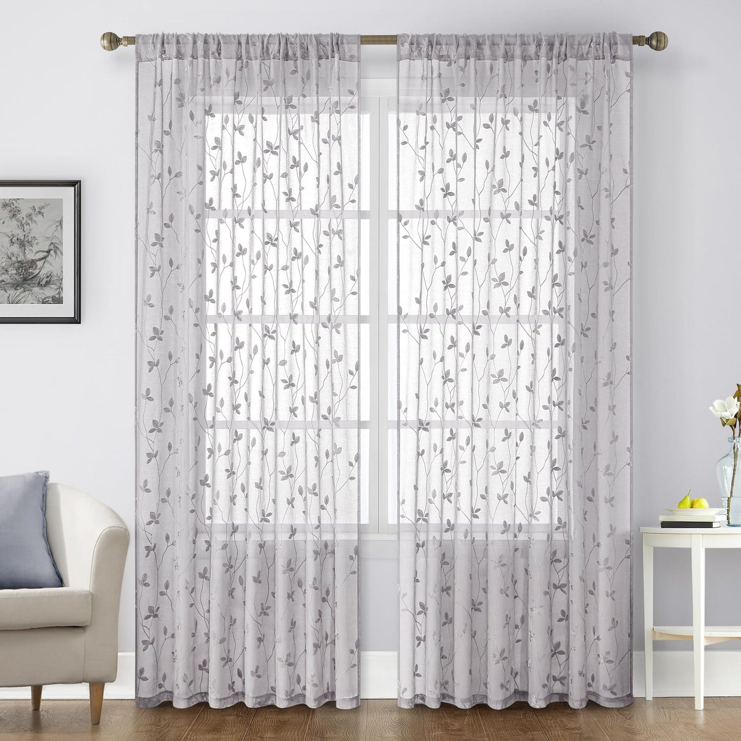 HOMEIDEAS Sheer Curtains 52x63" Green, 2 Panels