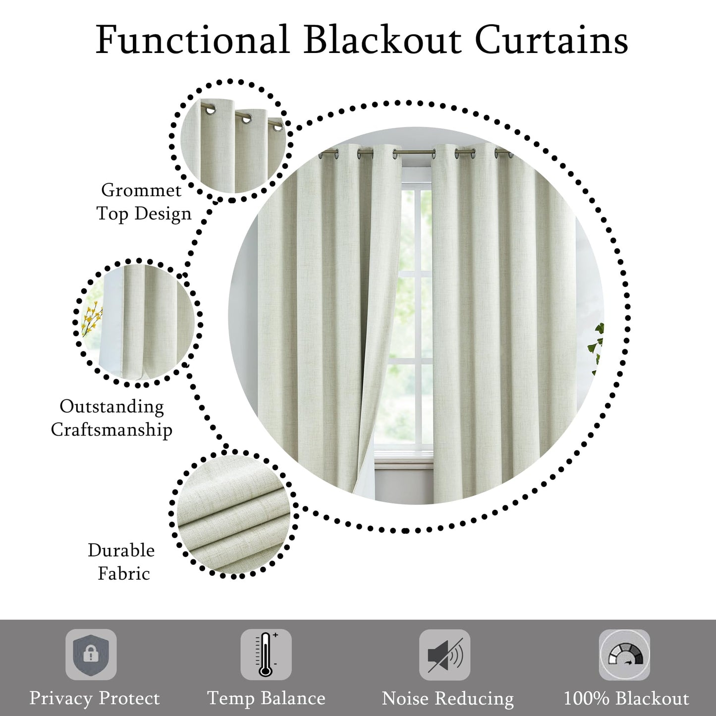 Urban Lotus Blackout Curtains 52x84" Beige, 2 Panels