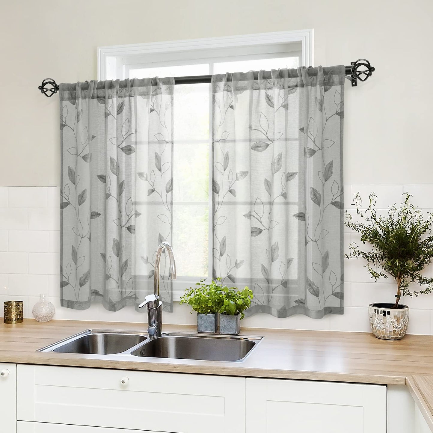 HOMEIDEAS Sheer Curtains 52x63" Green, 2 Panels