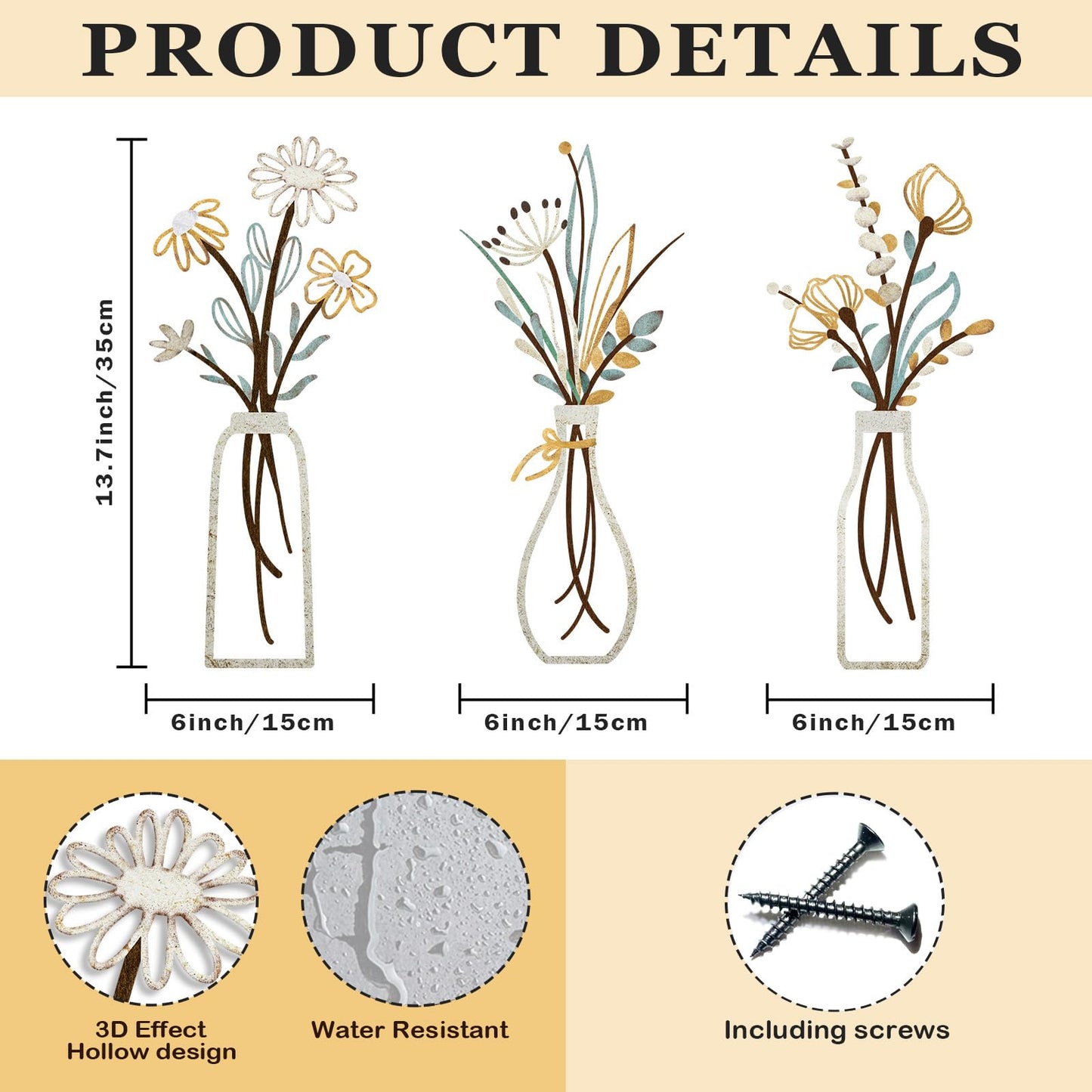 Pigort Metal Flower Wall Art, Beige, 3pcs