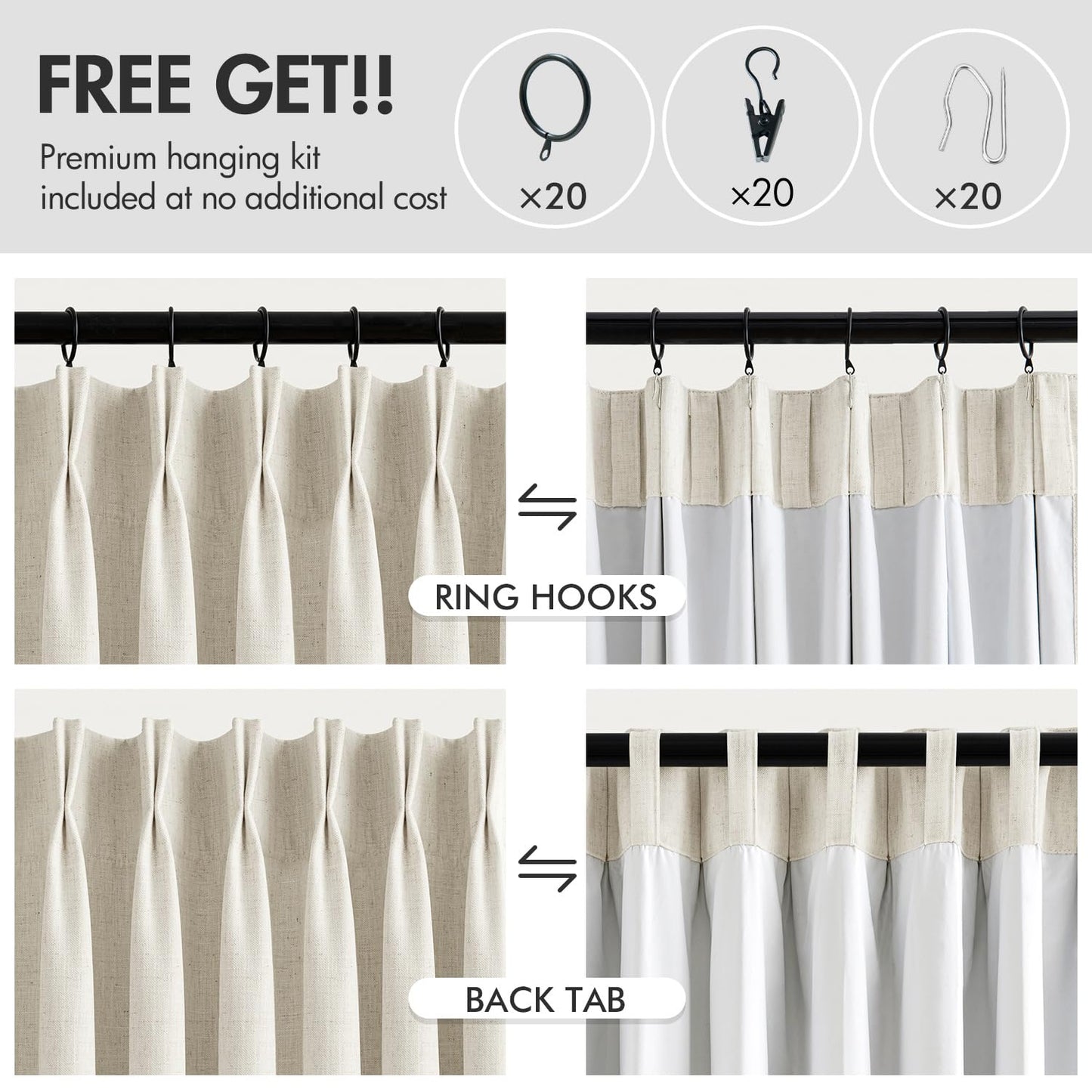 MIULEE Blackout Linen Curtains 96" 2 Panels