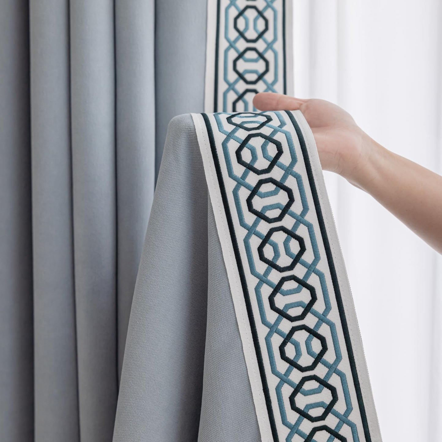 Pinch Pleat Curtains, with Geometric Trim Design