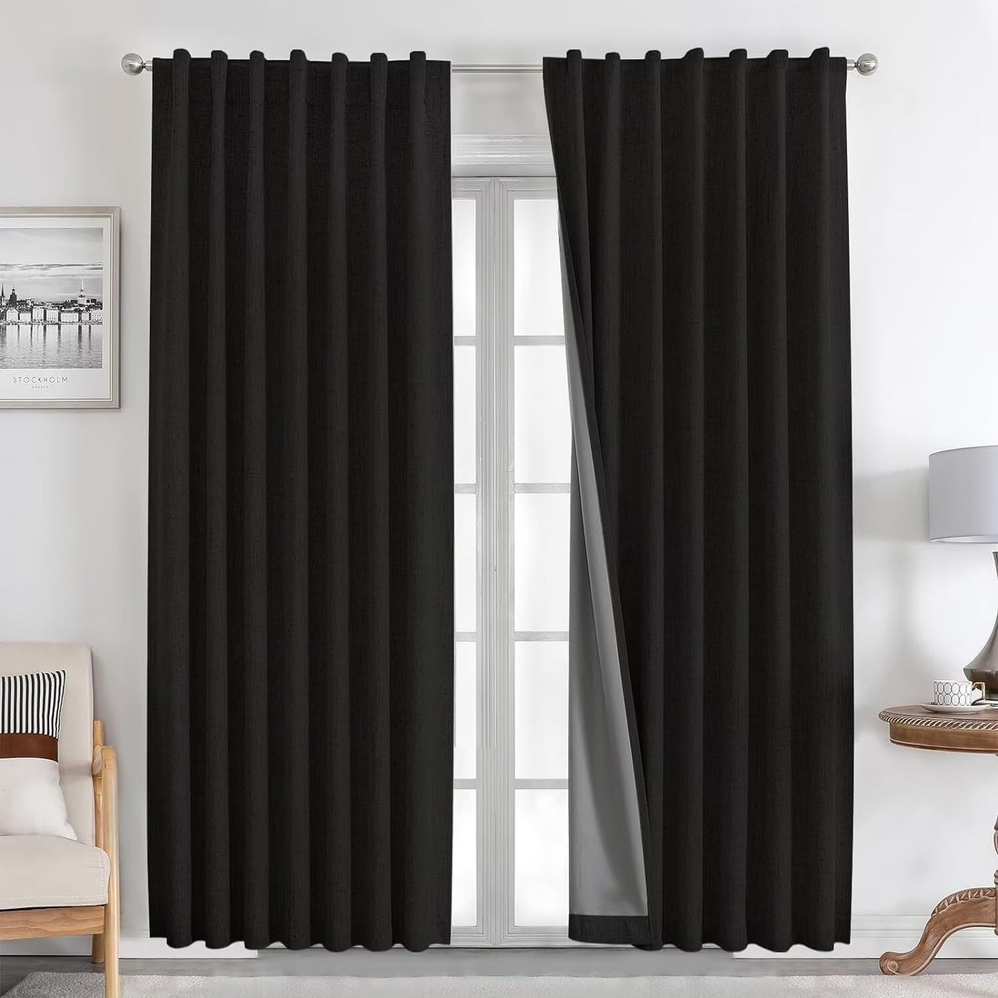Joydeco Blackout Linen Curtains 84" 2 Panels