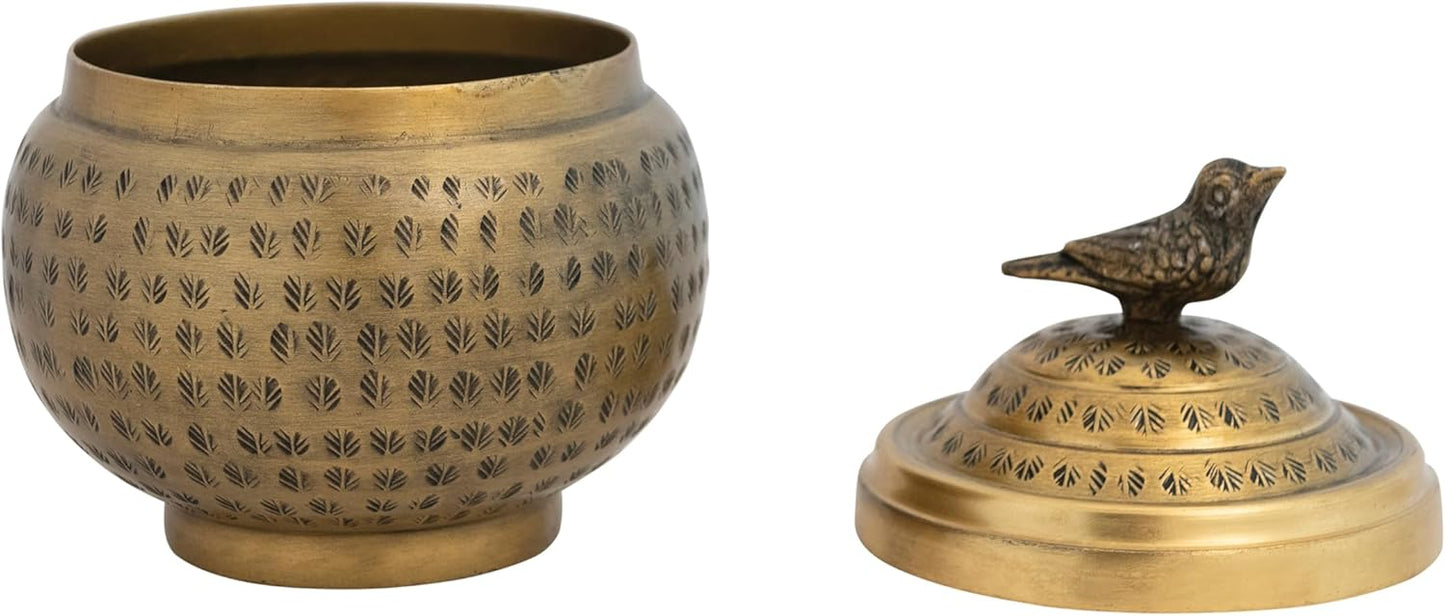 Creative Co-Op Brass Metal Container with Bird Finial